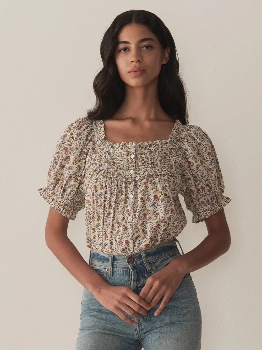 Doen Farley Cotton Ruffle Pintuck Button Puff Short Sleeve Top Jardin Du Chateau - Picture 3 of 7